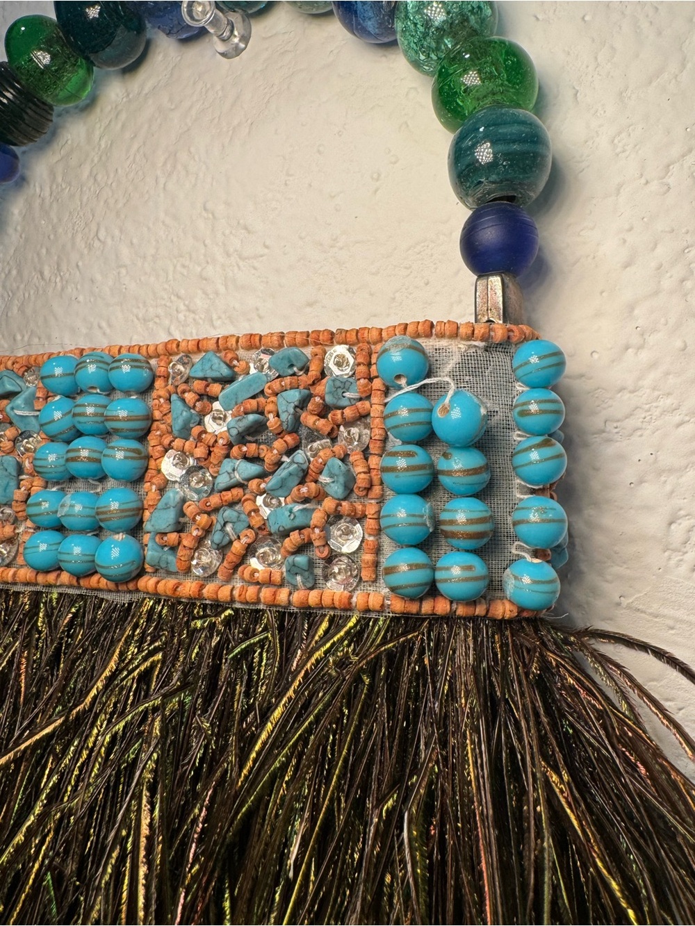 Handcrafted Turquoise & Green Beaded Mini Bag with Feather Fringe - Picture 3 of 4